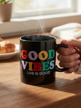 Life Is Good Good Vibes Mug 16 oz Black Rainbow Coffee Cup BNIB